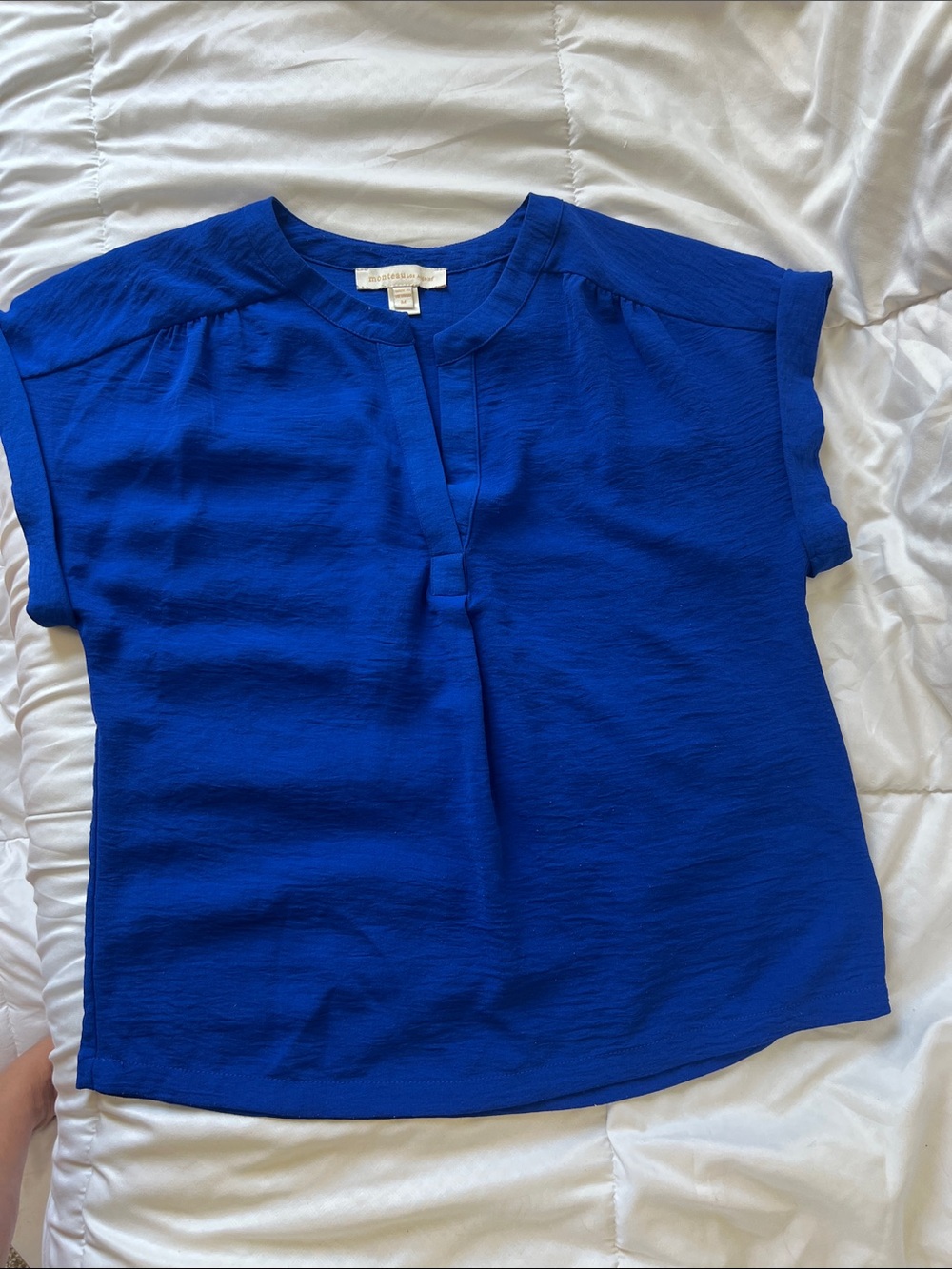 Monteau Cobalt Blue Short Sleeve Split-Neck Blouse